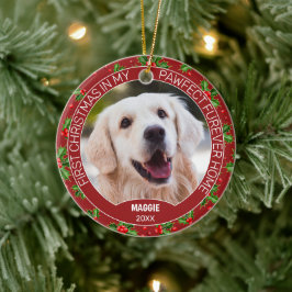 Aangepaste Schattigee puppy foto op groene Holly r Keramisch Ornament