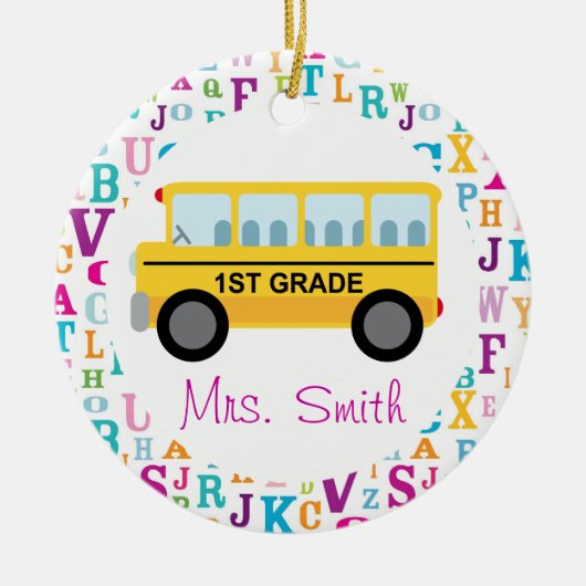 Aangepaste schoolbus van de eerste graad keramisch ornament (Voorkant)