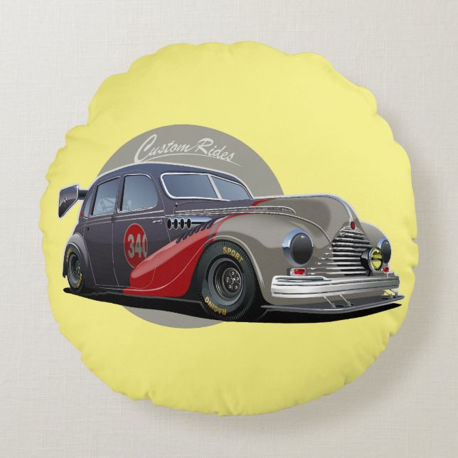Aangepaste sci-fi retro raceauto rond kussen (Voorkant)