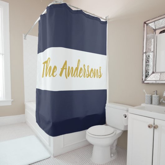 Aangepaste Script-Sjabloon op donkerblauw en wit Douchegordijn (In situ)