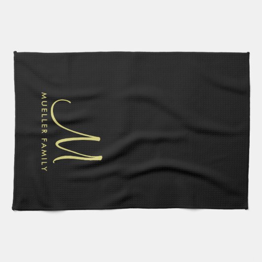 Aangepaste Sjabloon Zwart Goud Monogram Familienaa Theedoek (Horizontaal)