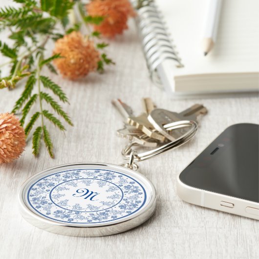 Aangepaste Sleutelhanger Indigo Blue Floral Border (Zijkant)