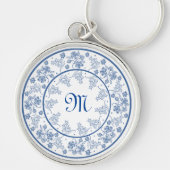 Aangepaste Sleutelhanger Indigo Blue Floral Border (Voorkant)