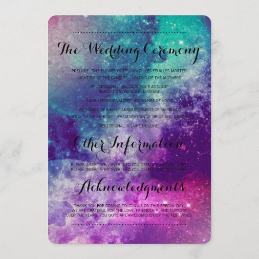 Aangepaste Smokey Galaxy bruiloft programma's (Achterkant)