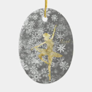 Aangepaste sneeuwvlokken Gold Foil Grey Ballerina Keramisch Ornament