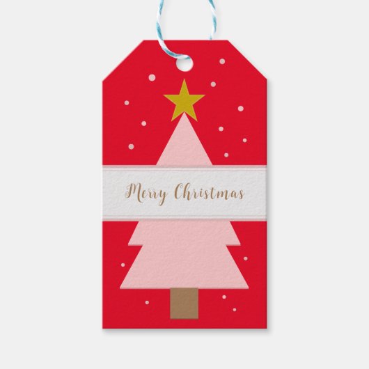 Aangepaste Solo Roze Kerstboom, Gouden Ster Rood Cadeaulabel (Voorkant)