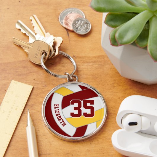Aangepaste Speler Naam Maroon Gold Volleyball Sleutelhanger (Bureau)