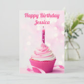 Aangepaste spoedroze cupcake Foto Happy Birthday Kaart (Staand voorkant)