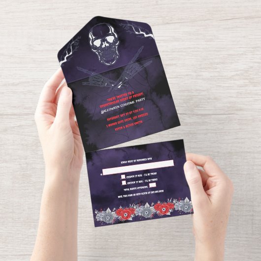 Aangepaste Spooky Skeleton Halloween Party All In One Uitnodiging (Uittrekbaar)
