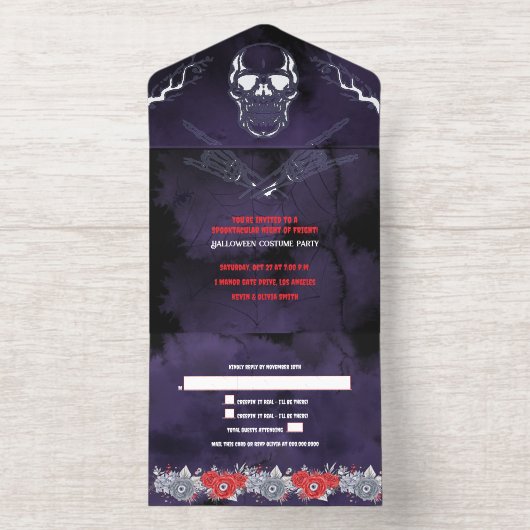 Aangepaste Spooky Skeleton Halloween Party All In One Uitnodiging (Binnenkant)
