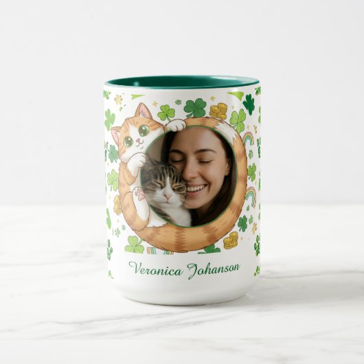 Aangepaste St. Patrick's Day Lucky Cat Fotobeker Mok (Midden)