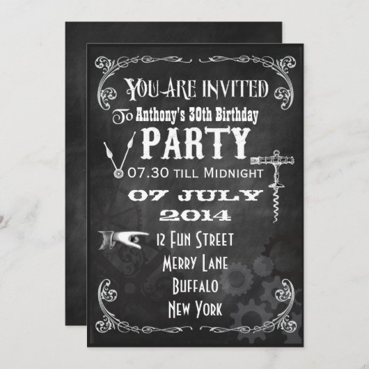 Aangepaste Steampunk Chalkboard Birthday Party nod Kaart (Voorkant / Achterkant)