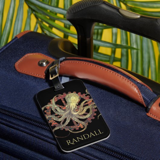 Aangepaste Steampunk Octopus & Rusty Clockwork Bagagelabel (Voorkant Insitu 1)