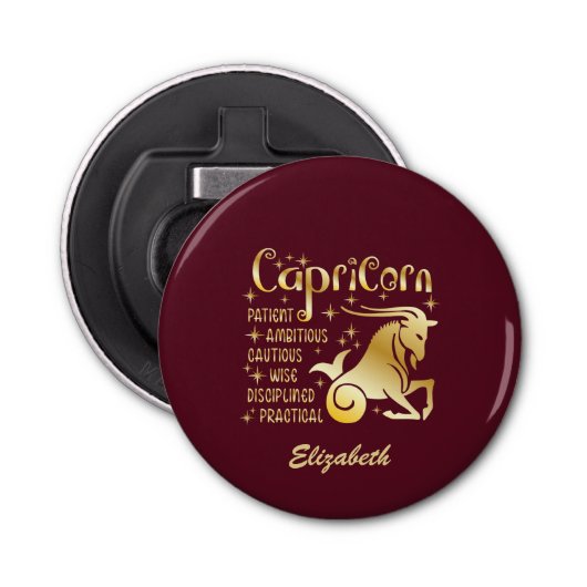 Aangepaste Steenbok Zodiac teken Gouden Maroon Lux Button Flesopener (Voorkant)