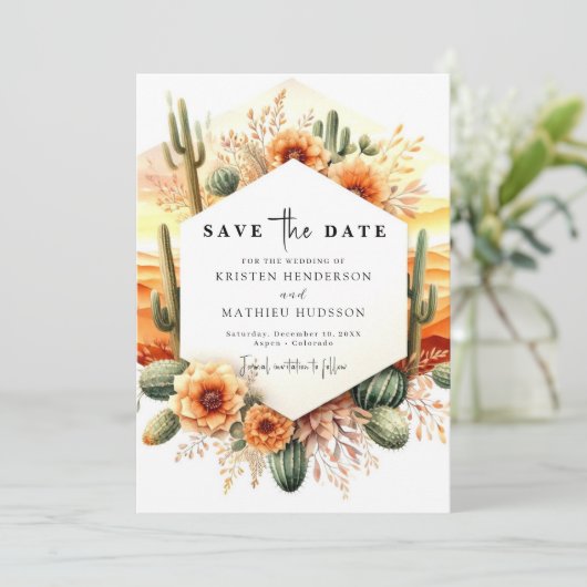 Aangepaste stijlvolle Cactus bruiloft Save The Date (Staand voorkant)