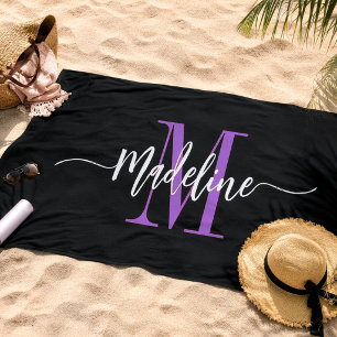 Aangepaste stijlvolle monogram naam script zwart p strandlaken