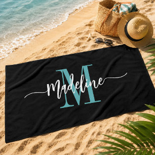 Aangepaste stijlvolle monogram naam script zwart t strandlaken