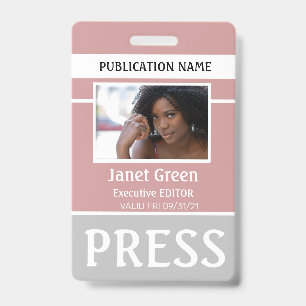 Aangepaste stoffige roze foto ID verslaggever pers Badge