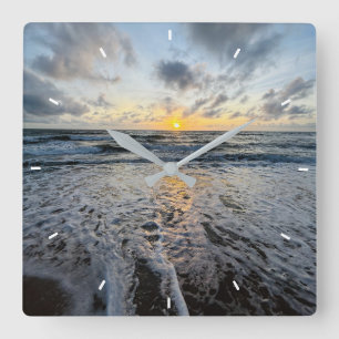 Aangepaste strand zonsondergang wandklok oceaan go vierkante klok