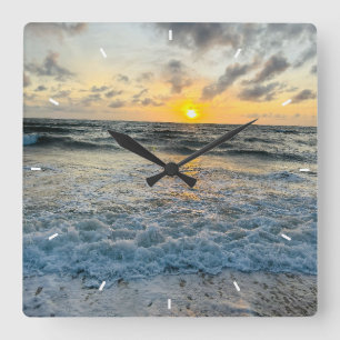 Aangepaste strand zonsondergang wandklok oceaan go vierkante klok