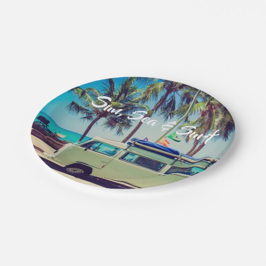 Aangepaste, strandkamperbus en palmbomen: papieren bordje (Gekanteld)