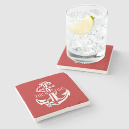 Aangepaste summiere witte anchor op donkerrood stenen onderzetter