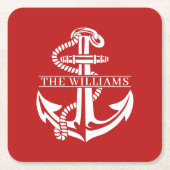 Aangepaste summiere witte anchor op donkerrood vierkante kartonnen onderzetter (Voorkant)