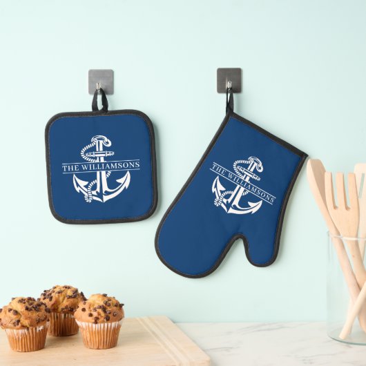 Aangepaste summiere witte anchor op marineblauw ovenwant & pannenlap set (Insitu(Ophanging))