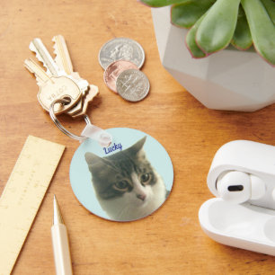 Aangepaste Tabby Kat Foto op Lichtblauw Sleutelhanger