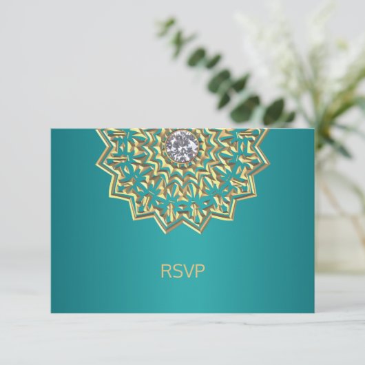 Aangepaste Teal Blauwe Gouden Indiase Mandala RSVP (Staand voorkant)