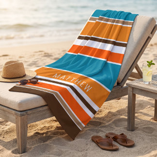 Aangepaste Teal Blauwe Okergele Oranje Witte Strep Strandlaken