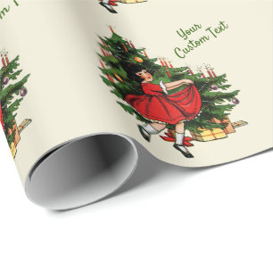 Aangepaste tekst 1950s meisje met kerstboom cadeaupapier
