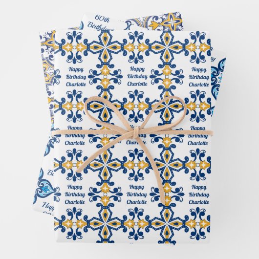 Aangepaste tekst 💙 3 Blauw en geel Azulejos, Inpakpapier Vel (In situ)