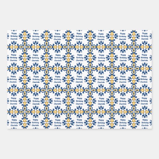 Aangepaste tekst 💙 3 Blauw en geel Azulejos, Inpakpapier Vel (Voorkant)