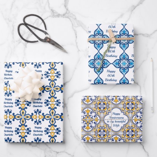 Aangepaste tekst 💙 3 Blauw en geel Azulejos, Inpakpapier Vel (Voorkant)