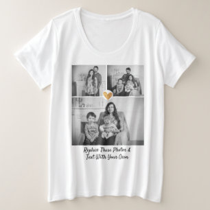 Aangepaste tekst / 3 foto's Gouden Hart Zwart/Wit Grote Maat T-shirt
