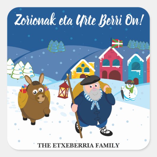 Aangepaste tekst Baskische kerstsneeuwscène Olentz Vierkante Sticker (Voorkant)