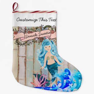 Aangepaste tekst/Beach Island Ocean Mermaid Glitte Grote Kerstsok