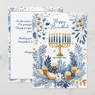 Aangepaste tekst Blauwe Bloesem Hanukkah Menorah Feestdagenkaart