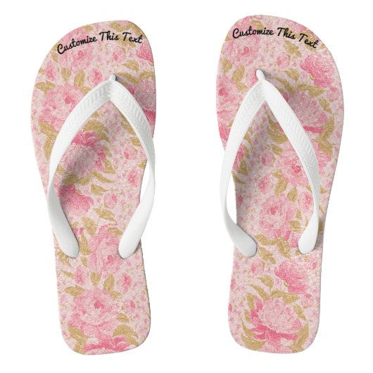 Aangepaste tekst / Blush Metallic Glitter Floral S Teenslippers (Voetbed)