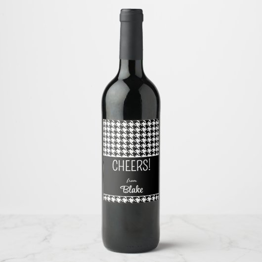 Aangepaste tekst, CHEERS Zwart & Wit Houndstooth ( Wijn Etiket (Voorkant)