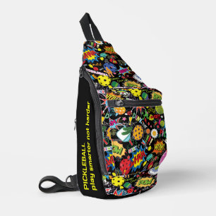 Aangepaste tekst Cool Zing pickleball doodle black Sling Bag