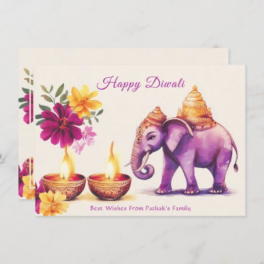 Aangepaste tekst, Diwali Elephant Grace Feestdagenkaart (Voorkant / Achterkant)