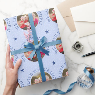Aangepaste tekst en foto's blauw cadeaupapier