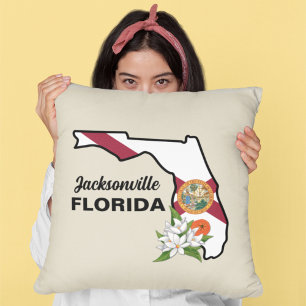 Aangepaste tekst Florida Flag & Flower Sinaasappel Kussen
