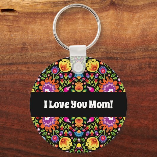 Aangepaste tekst Folklore bloemen Wycinanki zwart Sleutelhanger (Voorkant)