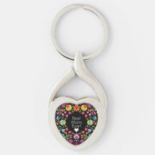 Aangepaste tekst, folkloristische bloemen hart sleutelhanger