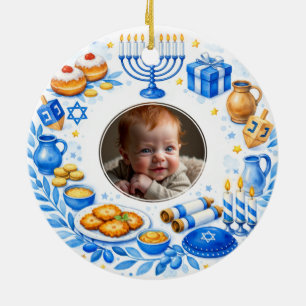 Aangepaste tekst foto Baby's eerste Hanukkah Keramisch Ornament