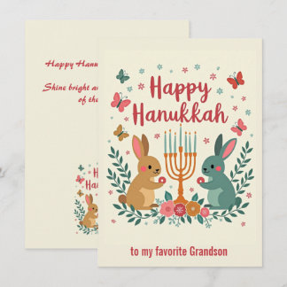 Aangepaste tekst Gelukkig Hanukkah Konijn Menorah Feestdagenkaart