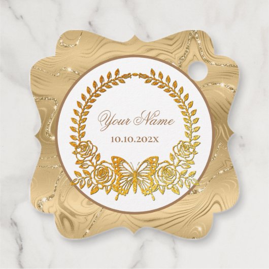 Aangepaste tekst, gouden vlinder en bloem bedankjes labels (Achterkant)